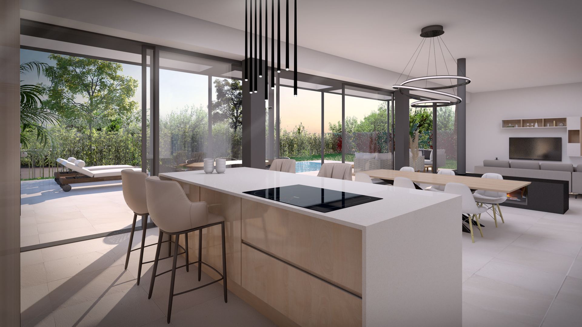 Render de la cocina abierta con isla, salón y salida a la piscina