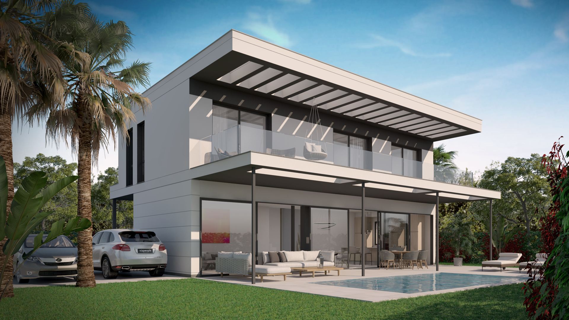 Render exterior con piscina y pérgola
